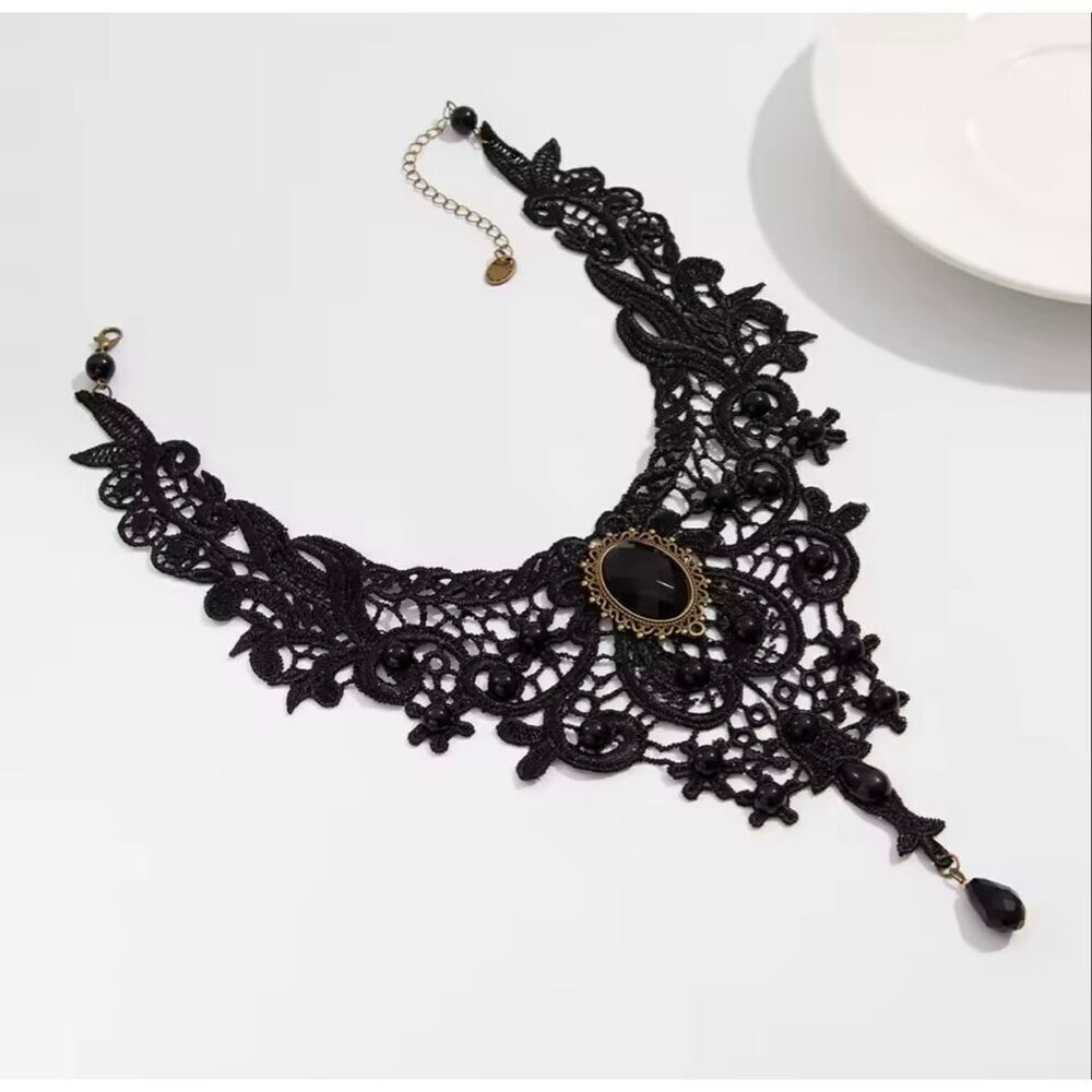 Fashion New Vintage Gem Black Lace Bead Necklace Gothic Steampunk Style Stonego - Picture 2 of 2